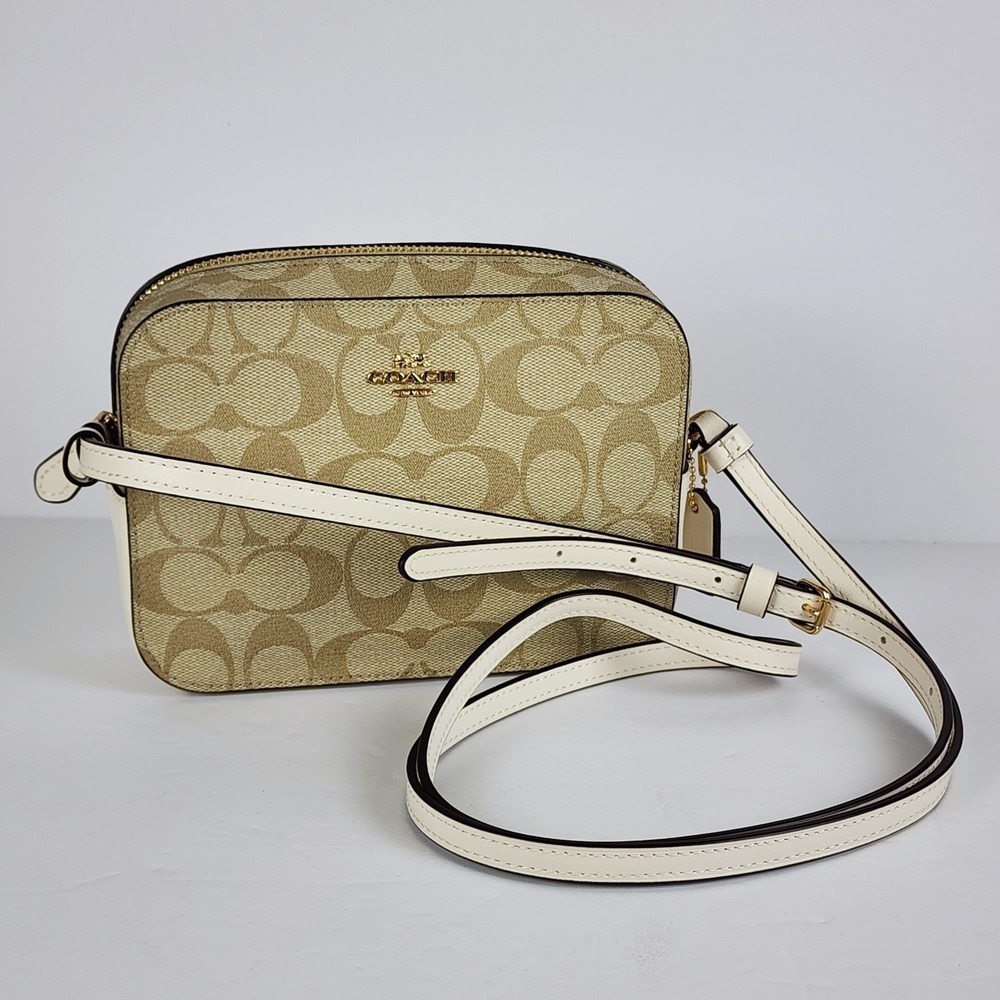 COACH Mini Camera Crossbody Bag In Signature Canvas‎ Light Khaki / Chalk 91677